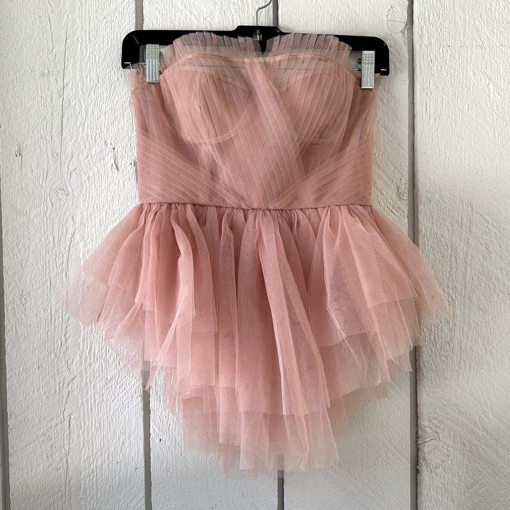 NBD Blush Pink Strapless Tulle Peplum Top